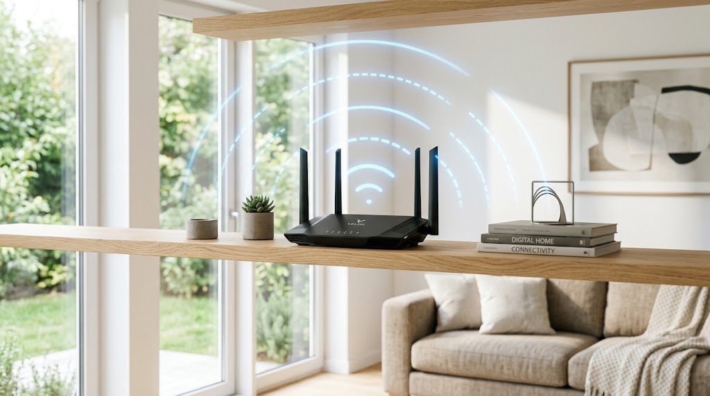 Router Wi-Fi en un estante de hogar mejorando la señal de Internet